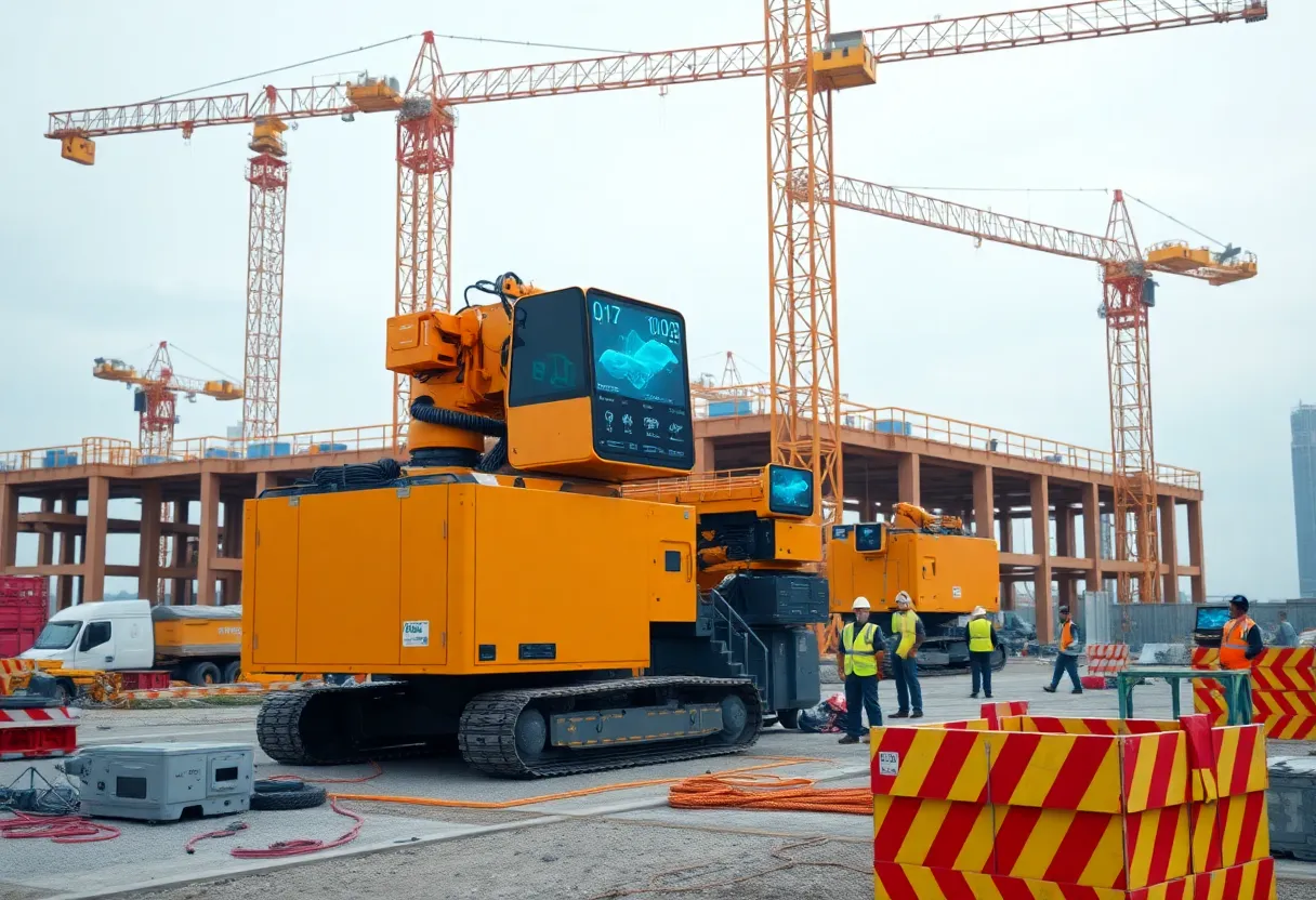 Futuristic construction site utilizing AI technology
