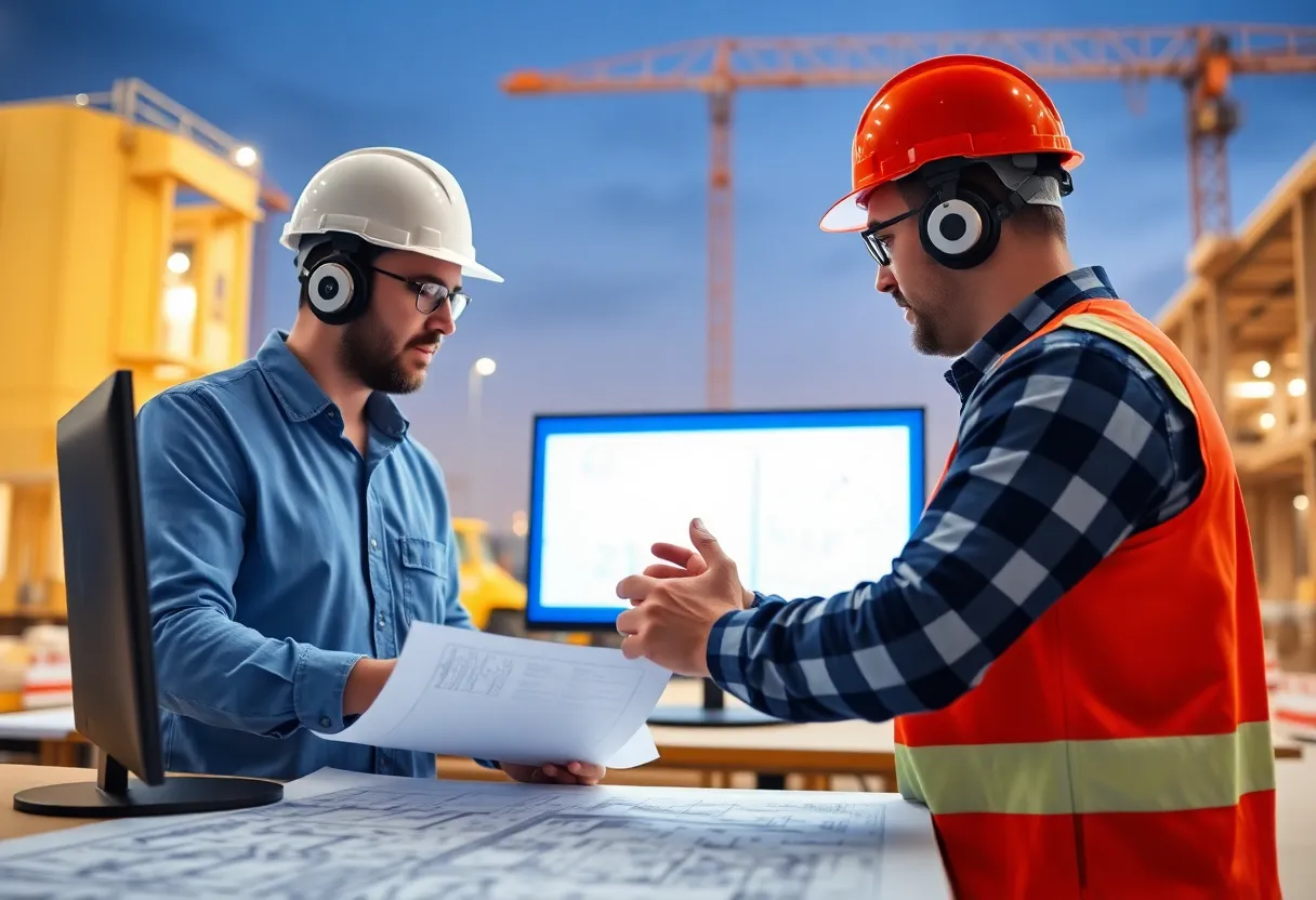 Engineers using AI technology for construction blueprint processing