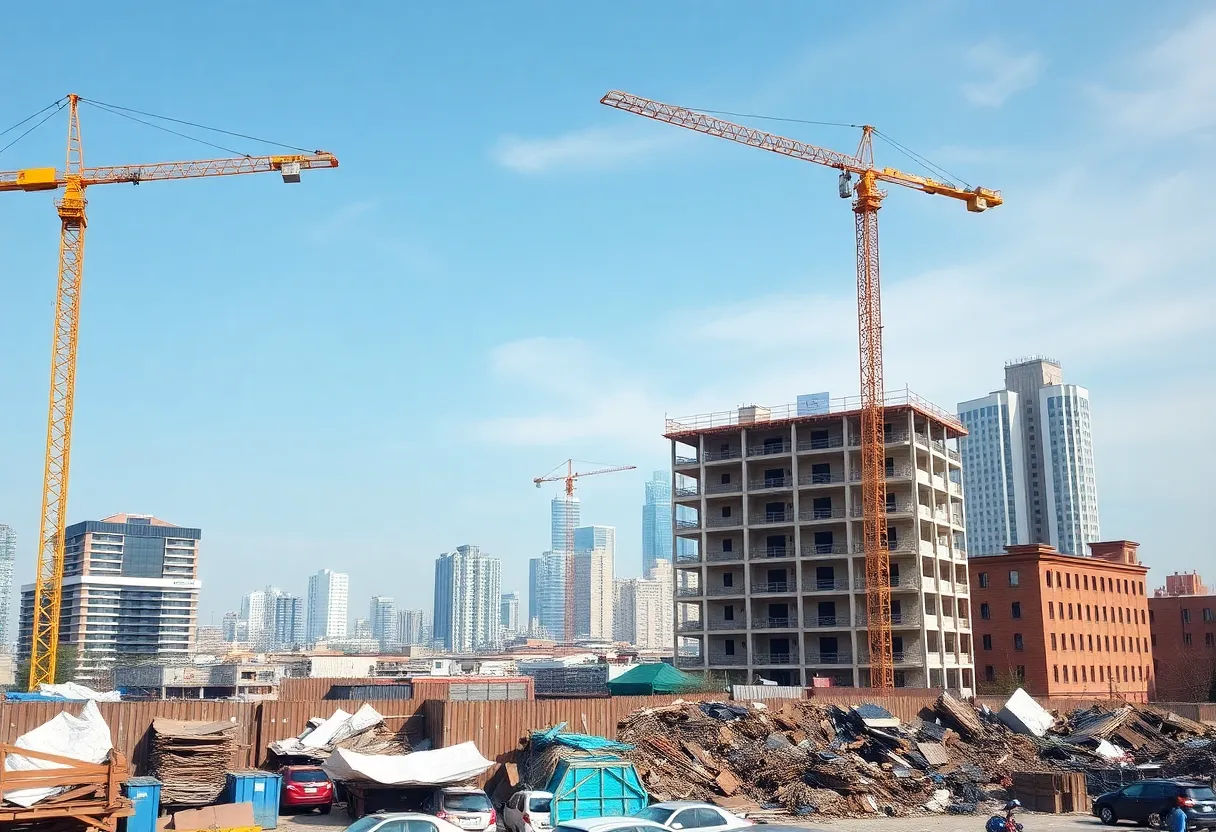 Illustration showing mixed performance in building permits with construction elements.