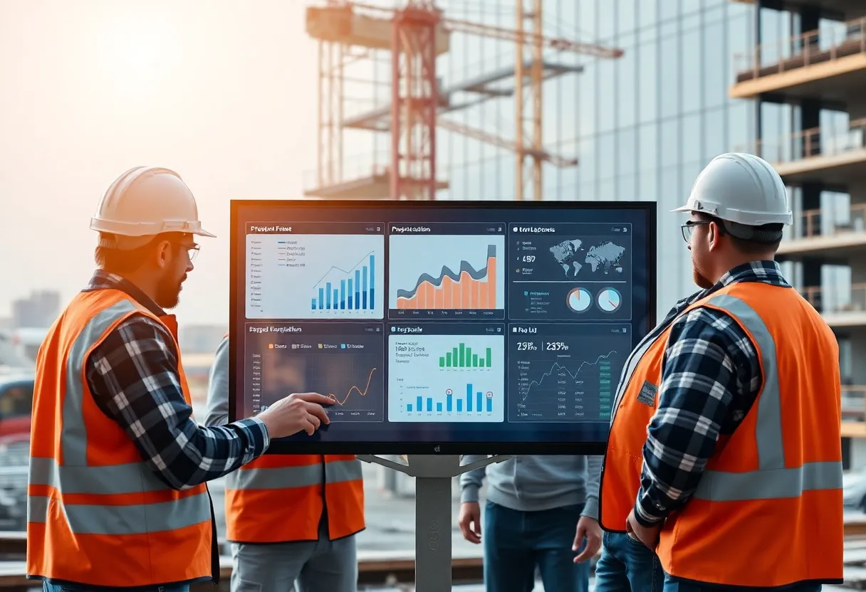 Construction teams collaborating with a digital dashboard displaying project analytics