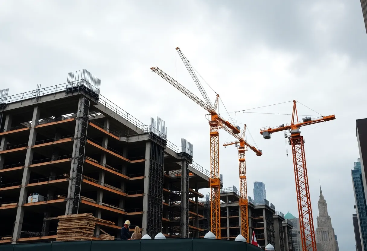 Construction site with cranes and workers in Chicago