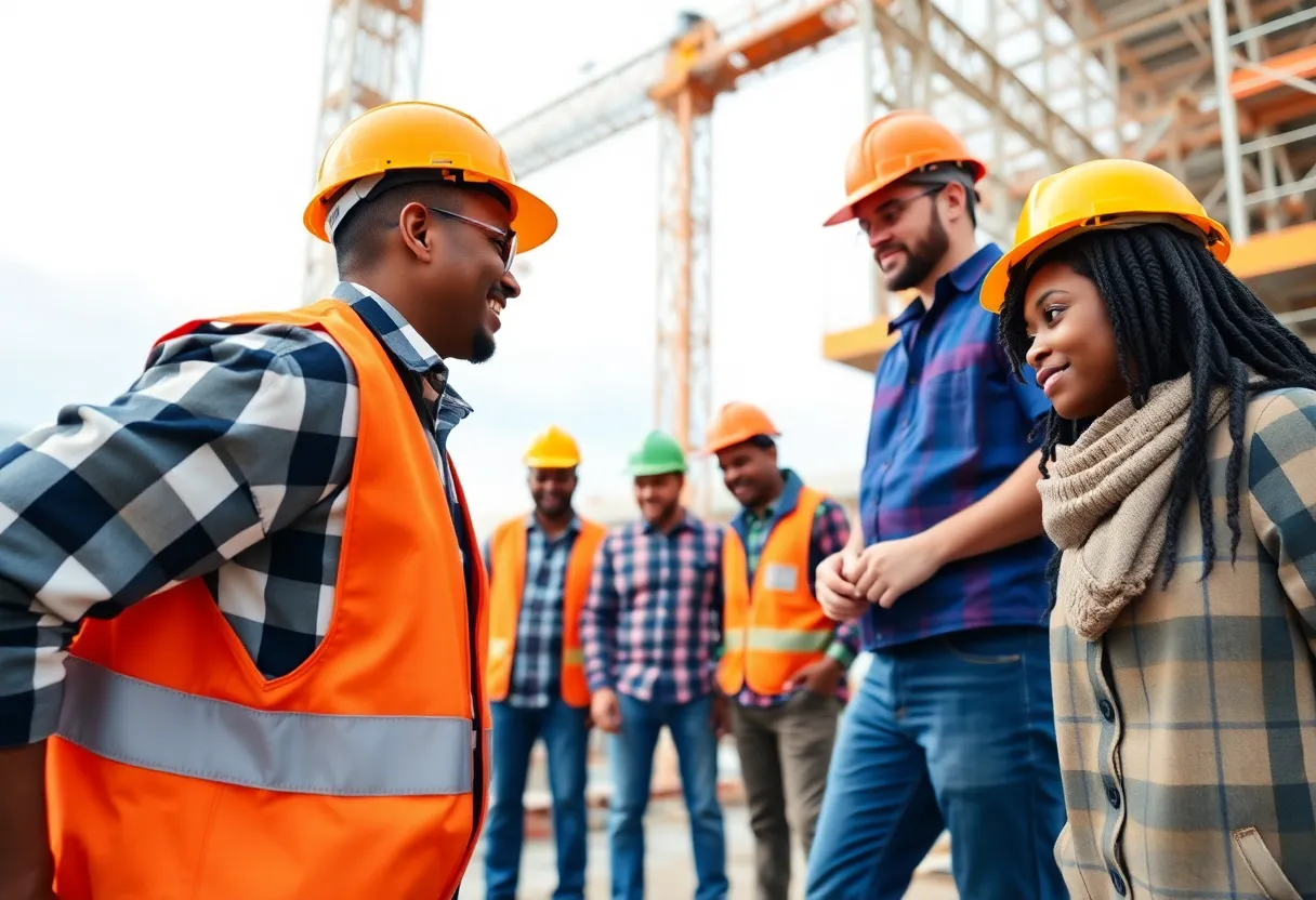 Construction workers collaborating on a federal project