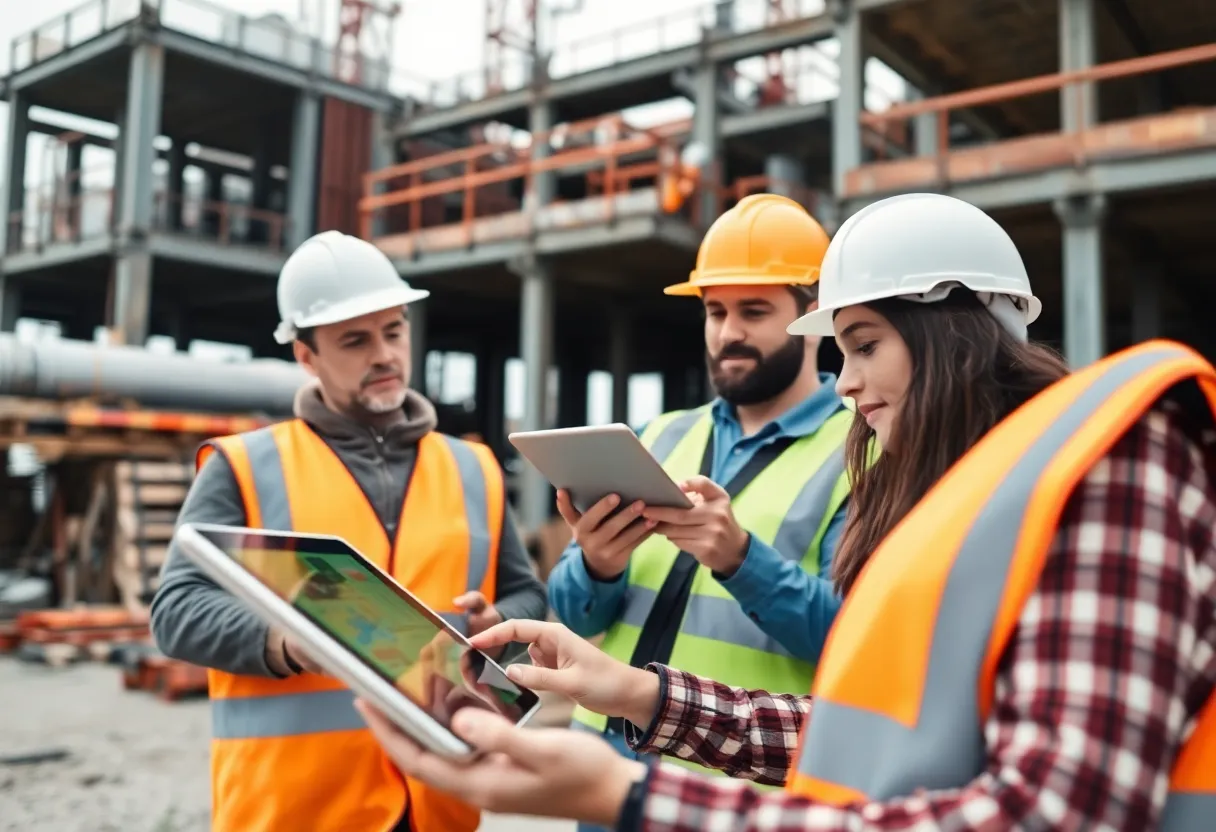 Construction professionals using software at a job site