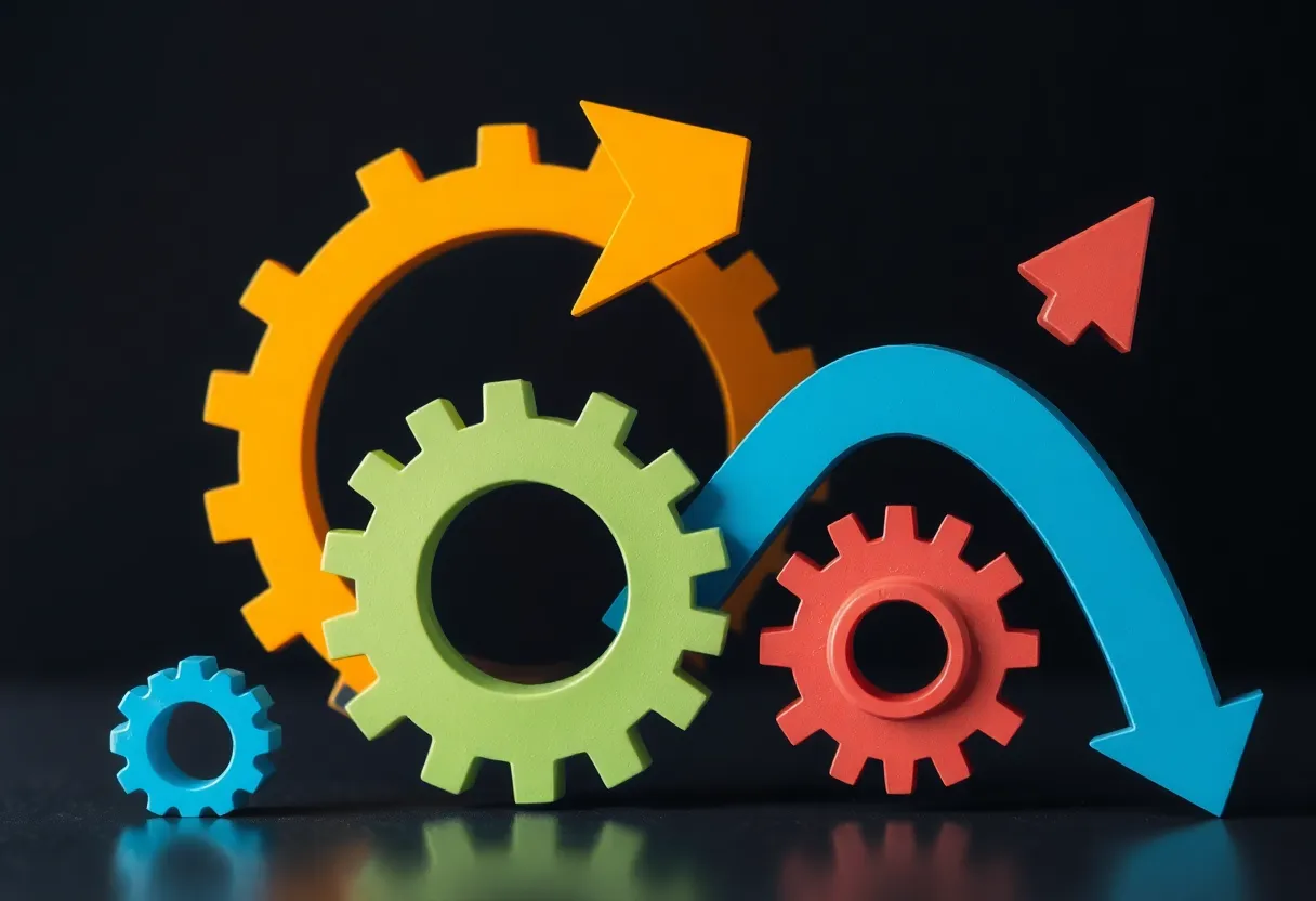 Abstract representation of corporate restructuring with gears and arrows