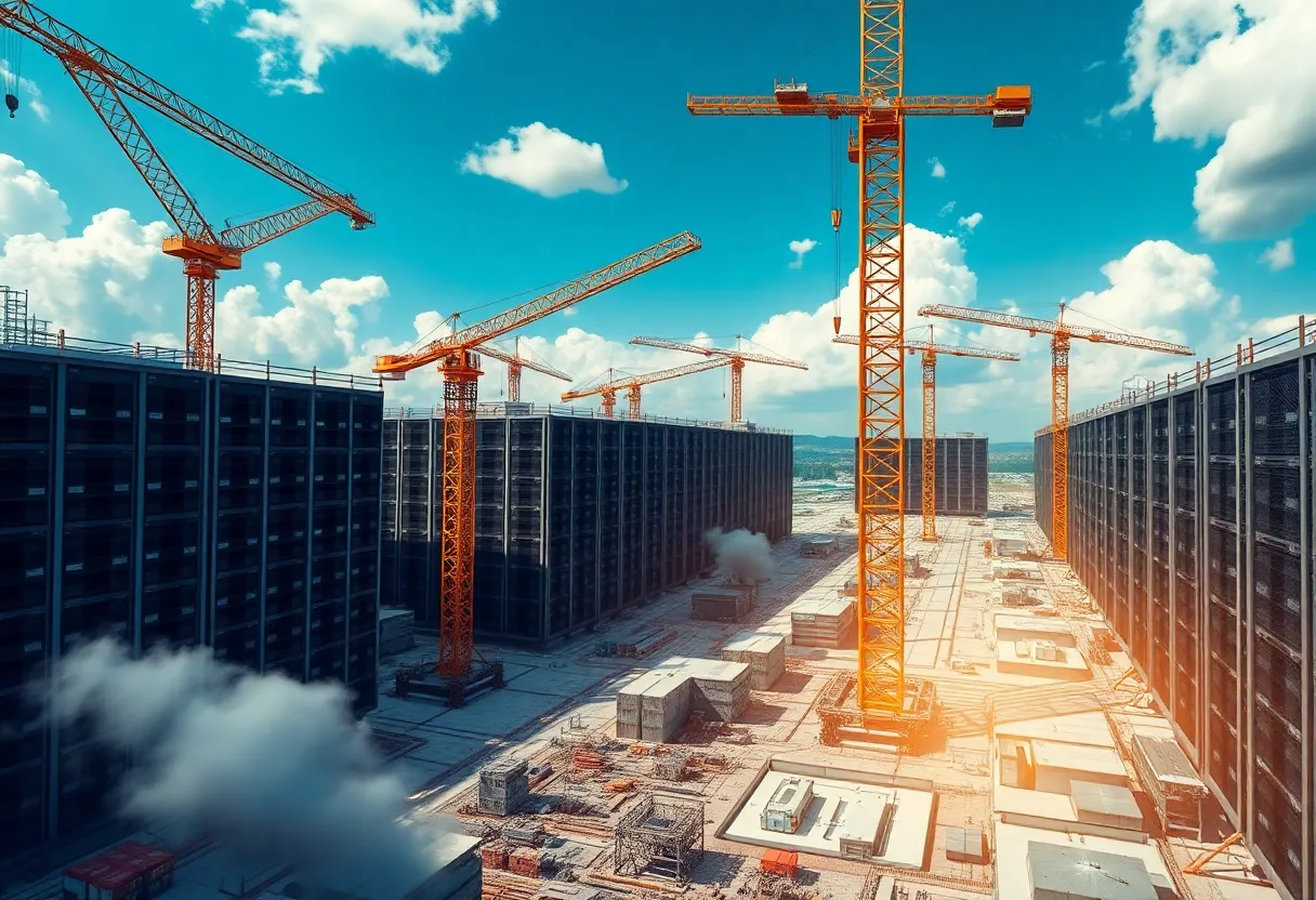 Construction site of a data center with cranes and workers.