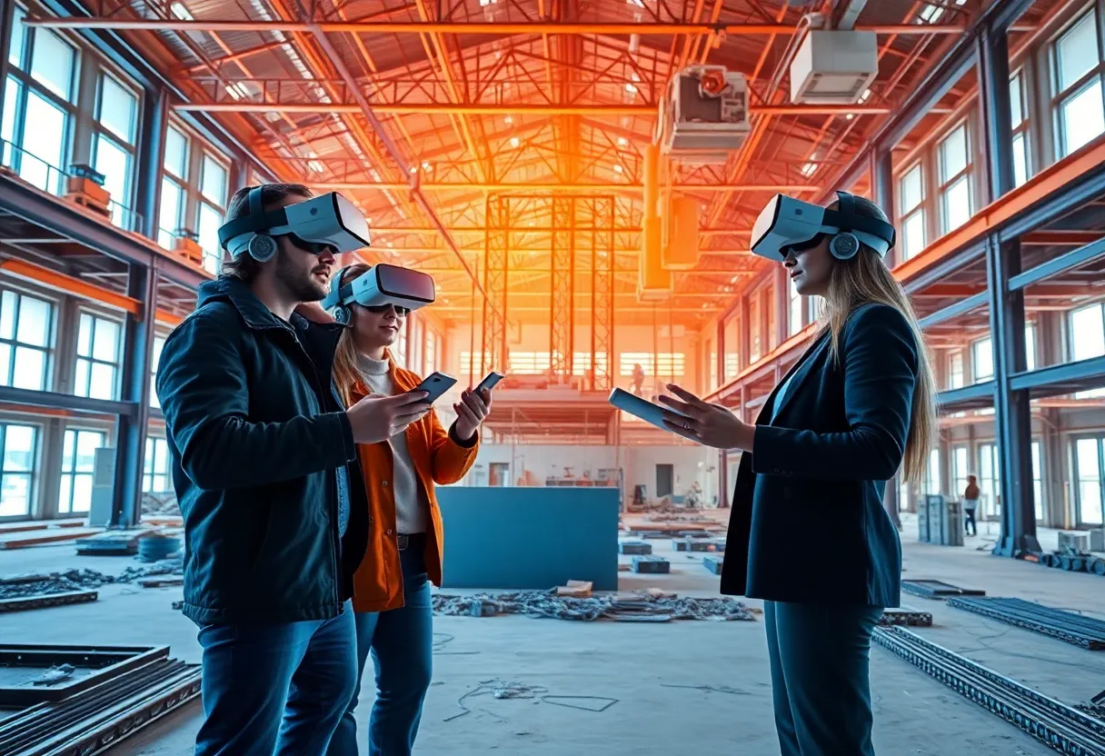 A visualization of digital construction management featuring architects and clients using VR technology.