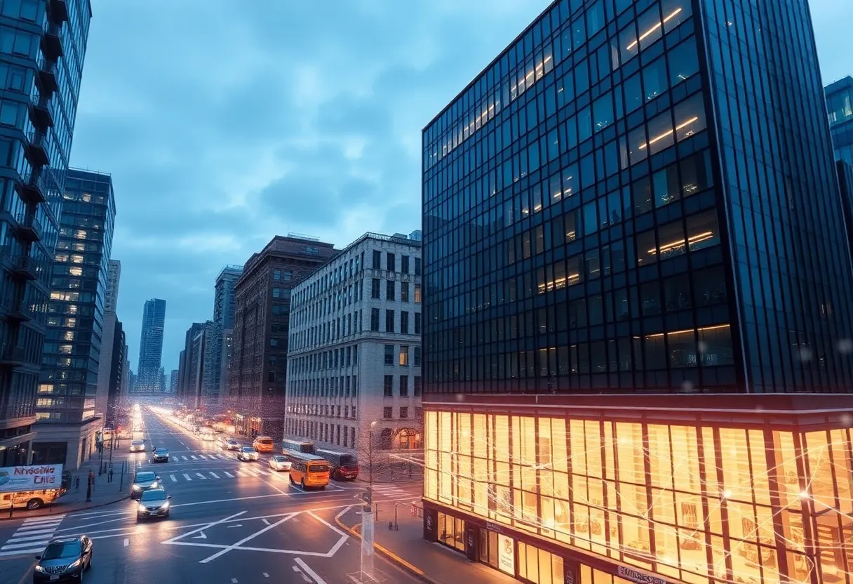 A digital representation of a city with highlighted buildings and mapping features