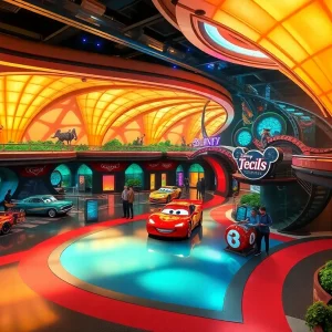 Concept art of the new Disney World expansion featuring Cars and Disney villains attractions.