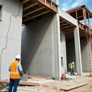 Construction workers inspecting defective structures in Florida