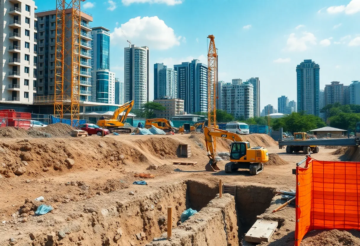 Workers on a geotechnical construction site with advanced equipment.