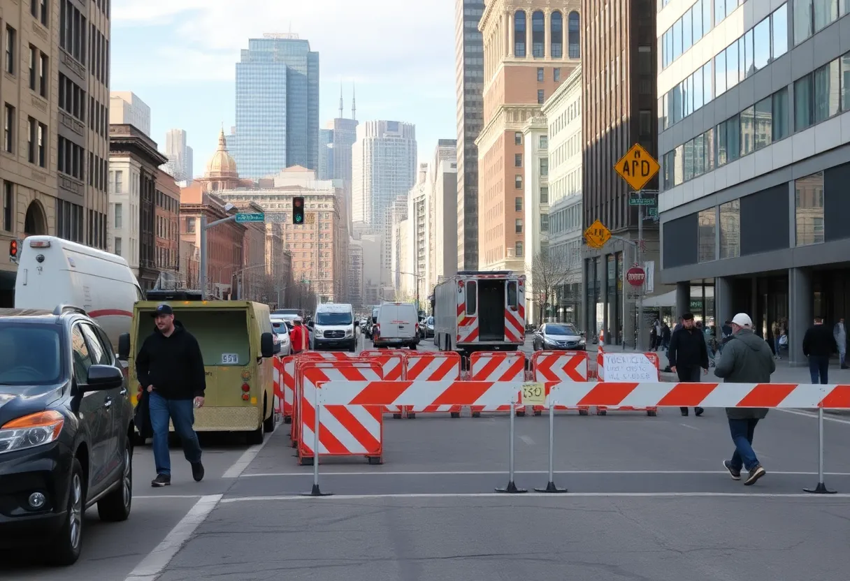 Reconstruction of 6th Street in Milwaukee with construction barriers and pedestrians.