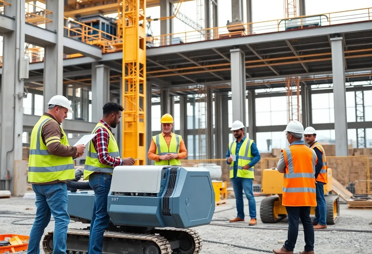Construction site with advanced technology and diverse teams