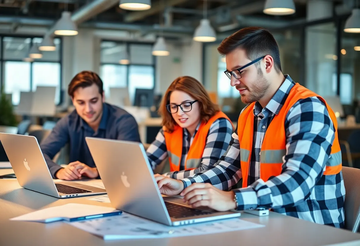 Engineers working together using construction software in a modern office