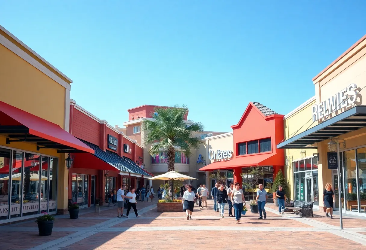 Revitalized shopping center bustling with shoppers