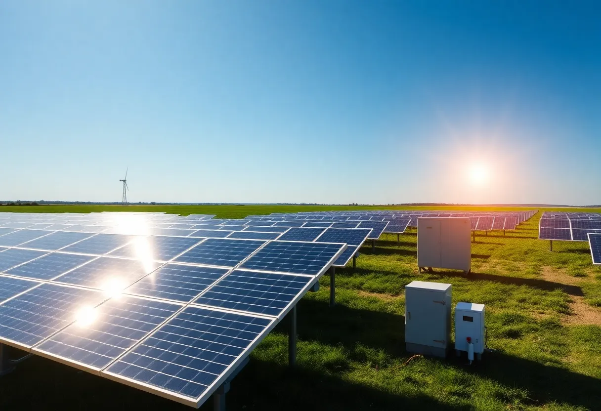 Solar farm with energy storage units under a blue sky