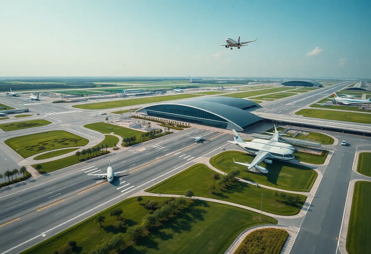 Aerial view of Western Sydney International Airport terminal and runway