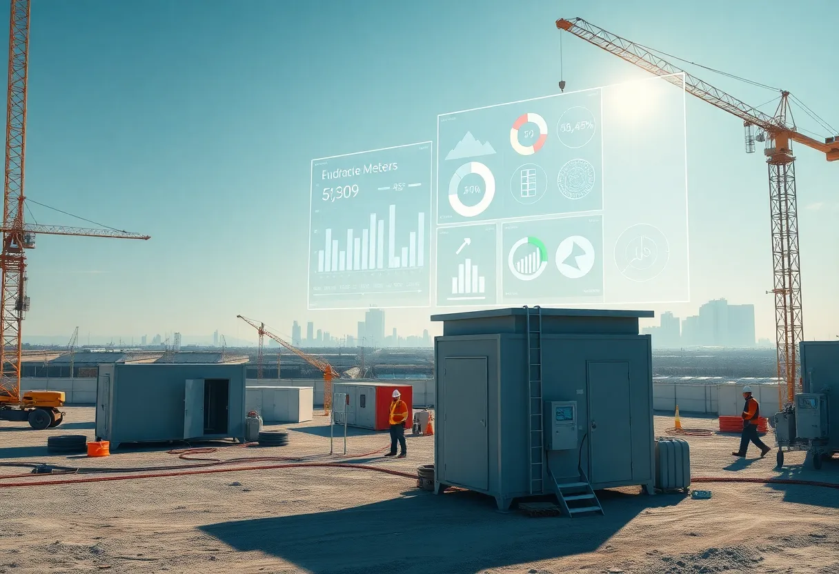 Construction site with smart meters, sensors and a translucent AI energy dashboard overlay
