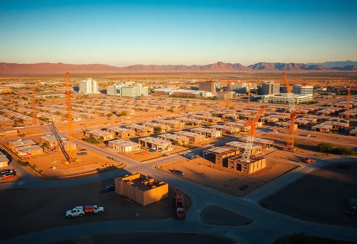 Aerial view of multiple Arizona construction sites and city skyline at sunset