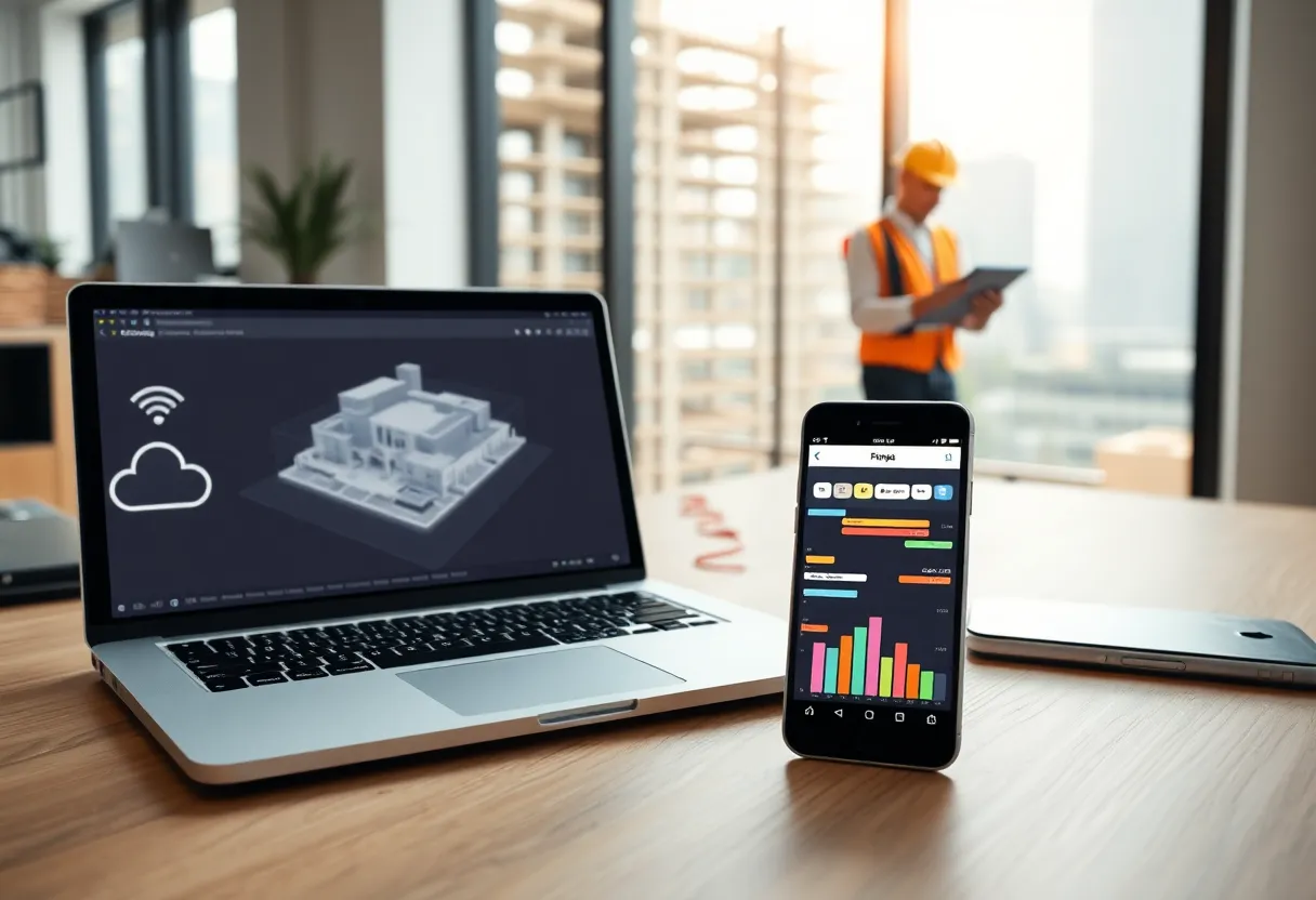 Laptop, tablet and smartphone showing 3D BIM model and Gantt chart for construction scheduling with cloud sync icons