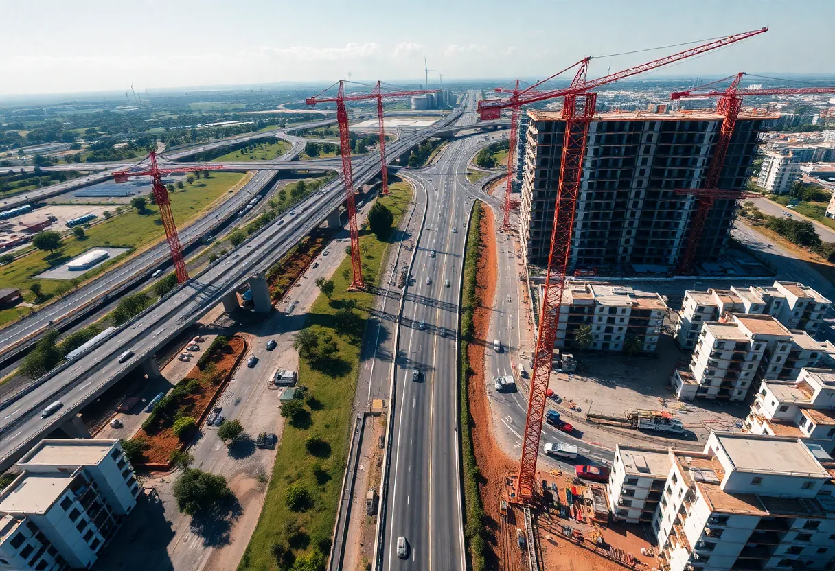 Aerial view of Brazilian urban construction site with cranes, buildings, solar panels and construction equipment