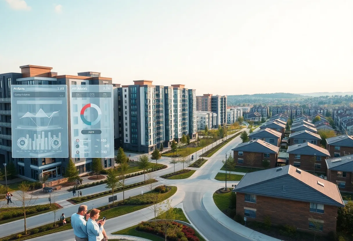 Build-to-Rent development with digital analytics overlays and residents using mobile apps