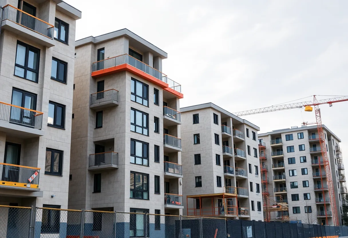 Residential buildings under construction with safety signs