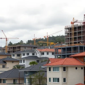 Construction site in California with cranes and houses