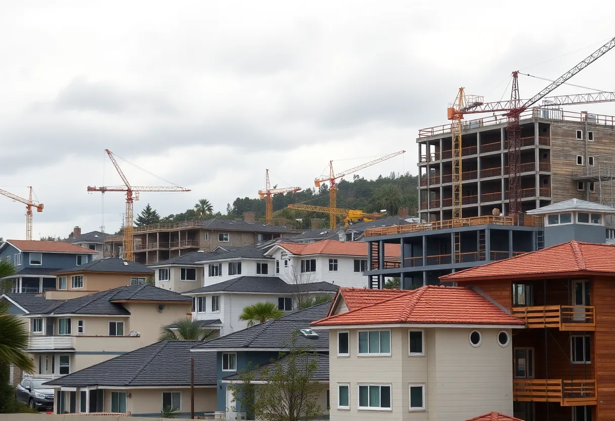 Construction site in California with cranes and houses