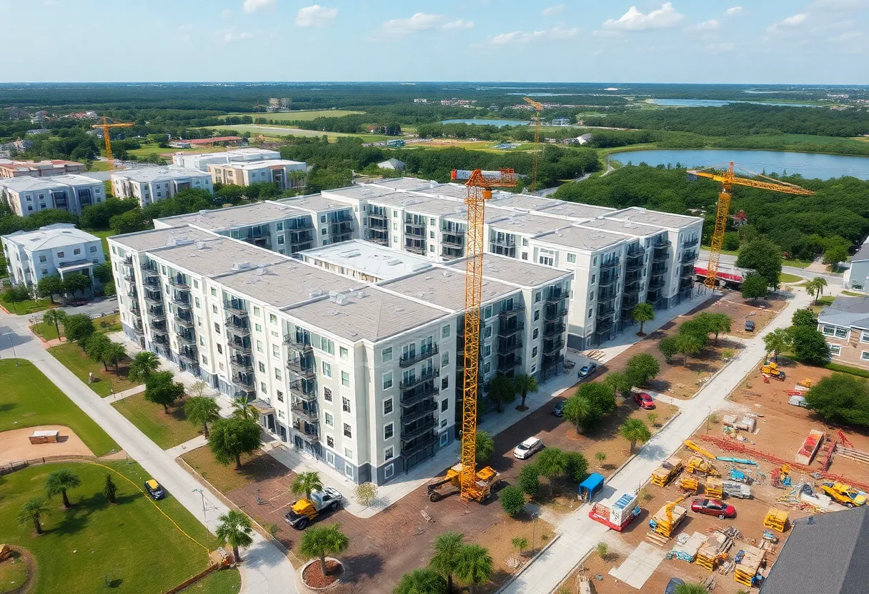Aerial view of the multifamily development site in Charleston, showcasing construction progress and community spaces.