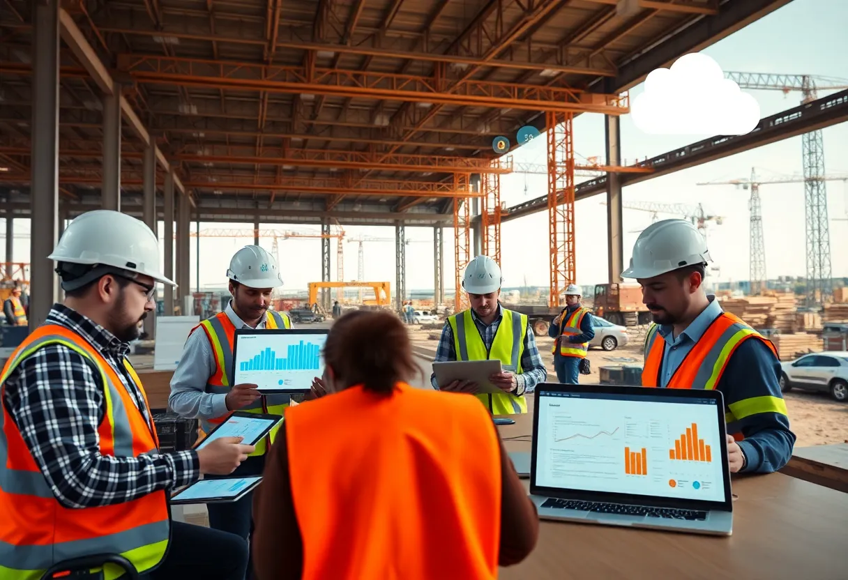 Construction crew and office staff viewing ERP dashboards on tablets and laptops at an active jobsite with cranes in the background