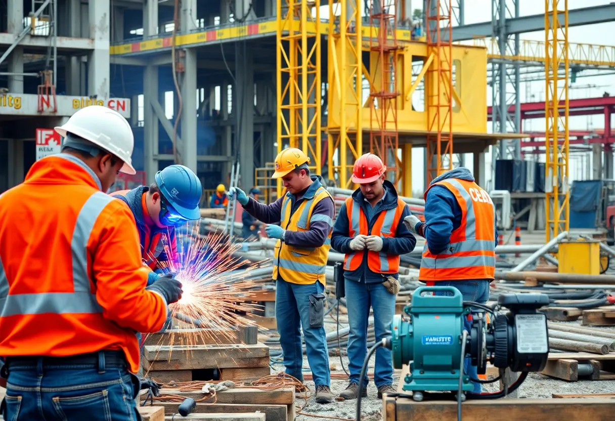 Construction workers on-site using advanced technology for various trades.