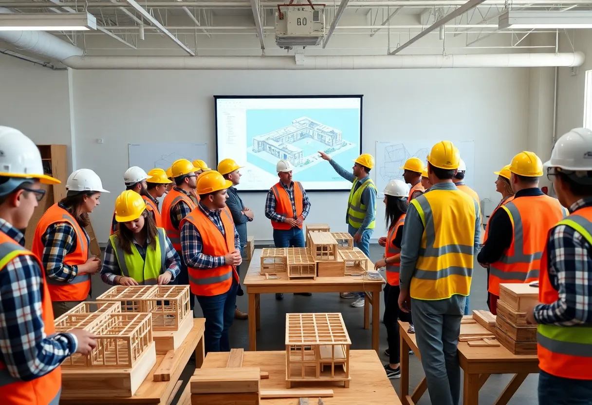 Diverse trainees in hard hats practicing carpentry and viewing a BIM model during a construction training workshop