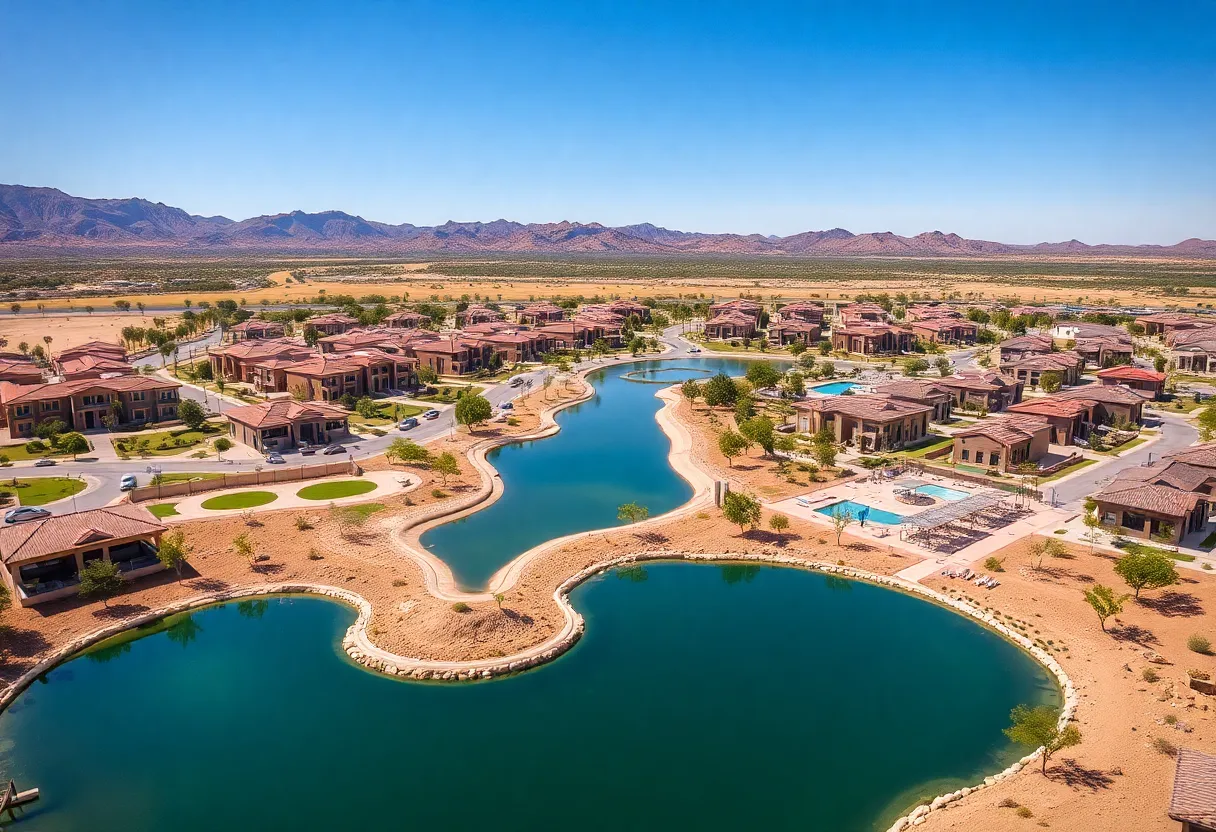 Overview of Cotino Community with lagoon and homes