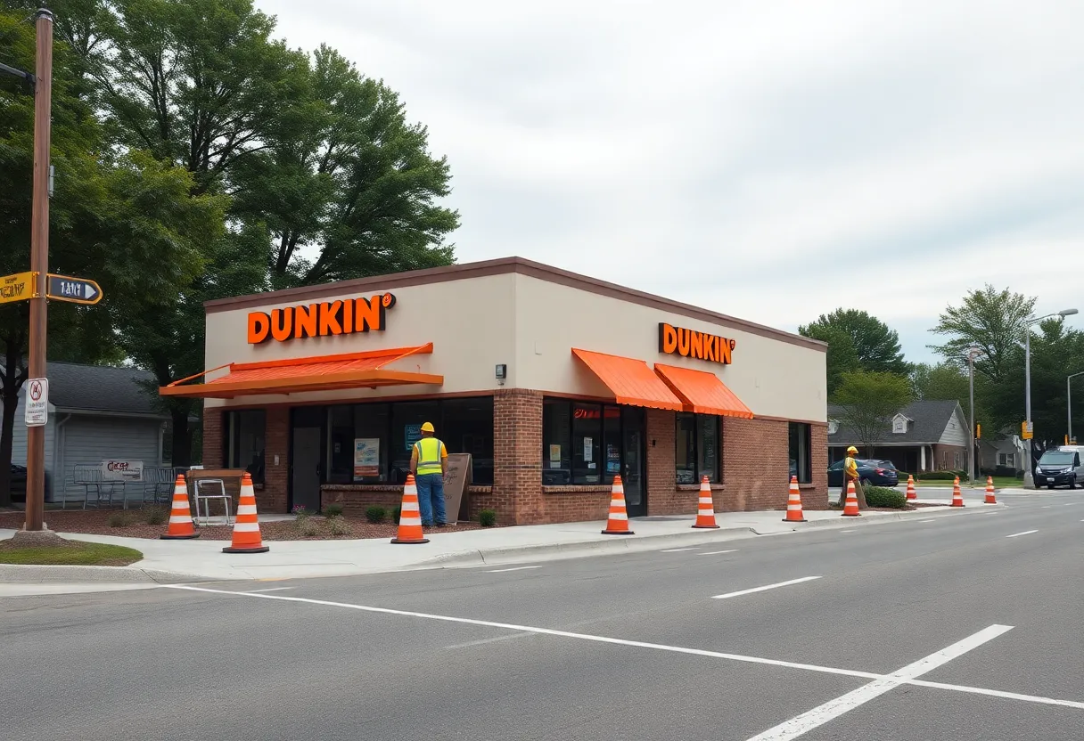Exterior view of former childcare building being converted into a Dunkin restaurant with drive-thru, shared-use path and streetscape work