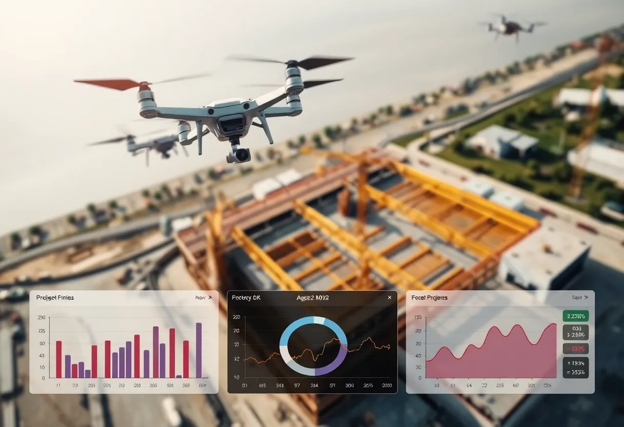 Aerial view of a construction site with drones and progress tracking interface.