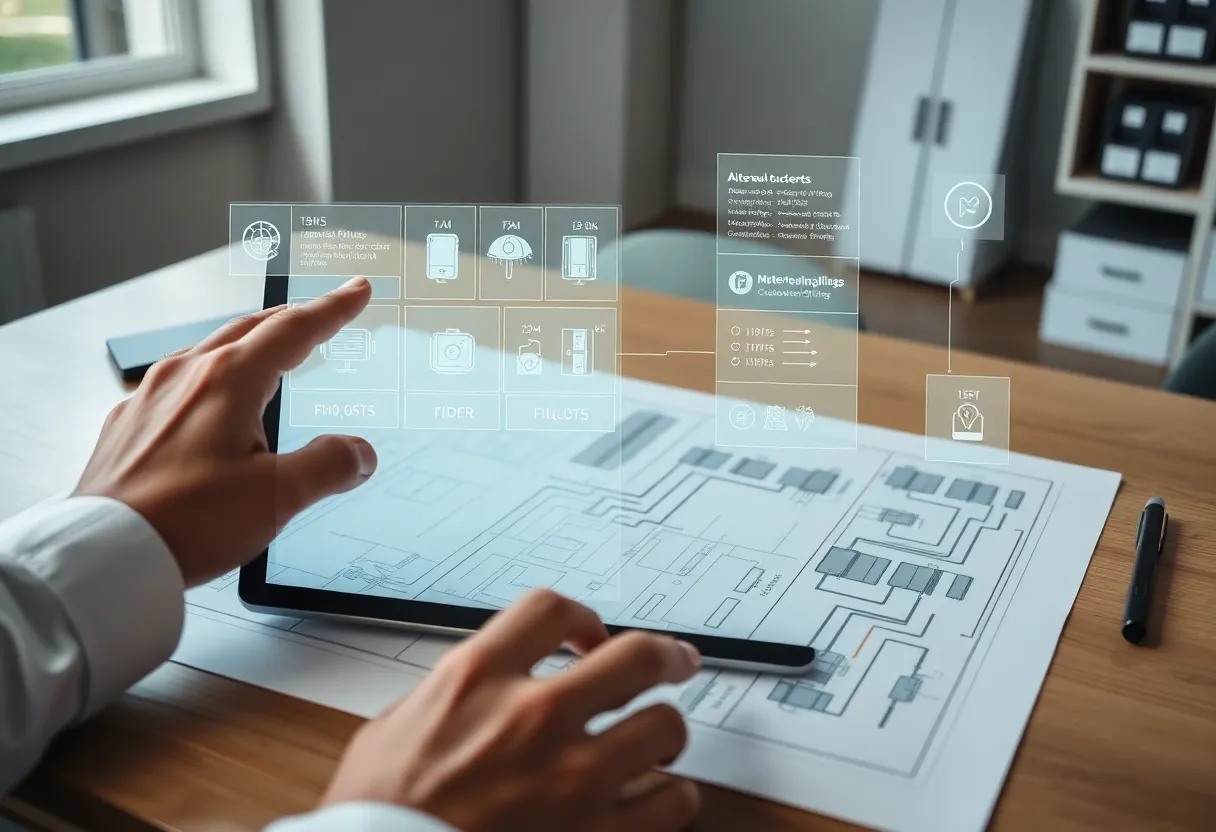 Tablet showing AI-generated electrical takeoffs overlaid on printed blueprints with highlighted symbols and quantity panels
