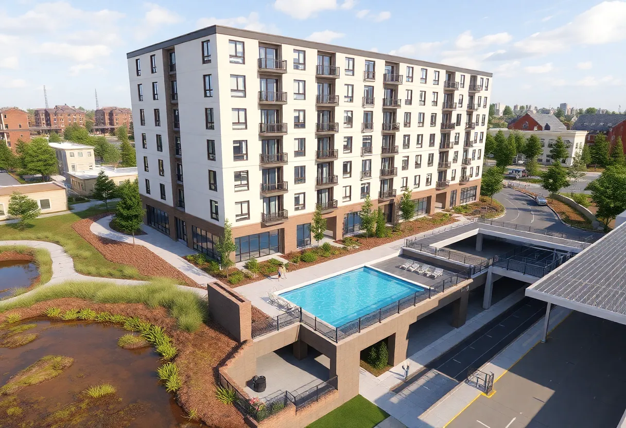 Six-story transit-connected apartment building with preserved wetlands and outdoor pool in Eden Prairie