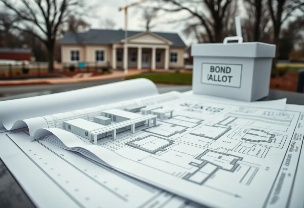 Blueprints, bond paperwork and a ballot box representing a village decision on a water treatment plant