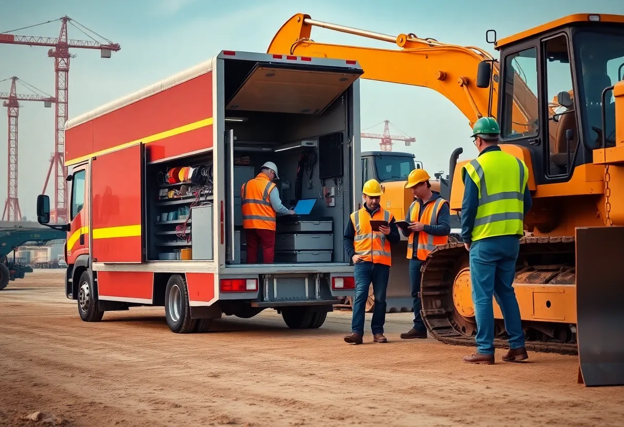Mechanics servicing an excavator and bulldozer from a service truck at a construction site