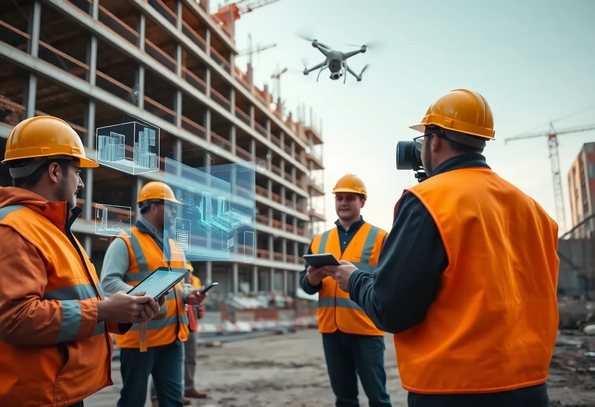 Construction site with workers using tablets, AR overlays, a drone, and laser scanning equipment