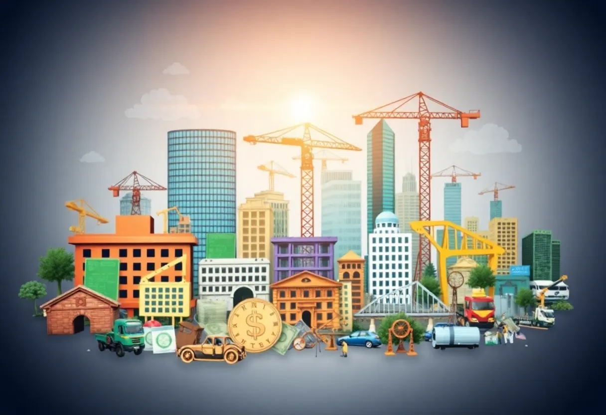 Visual representation of high-growth stocks featuring finance, construction, and infrastructure symbols.