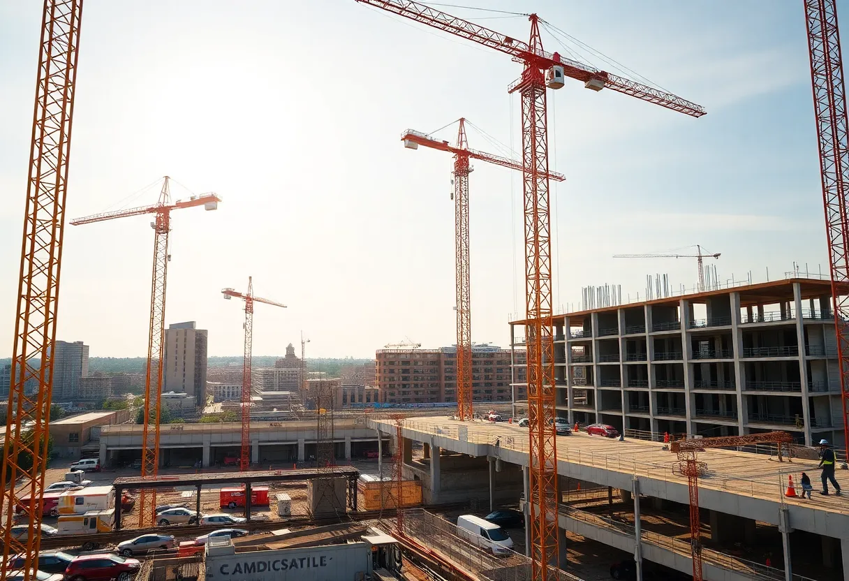 Construction activity in Huntsville area with cranes and new buildings