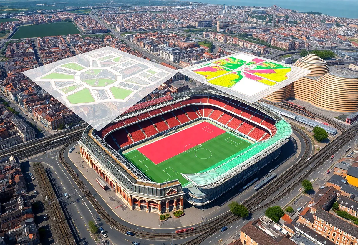 Architectural visualization of a new Kop stand with GIS and BIM overlays at a historic stadium in an urban neighborhood