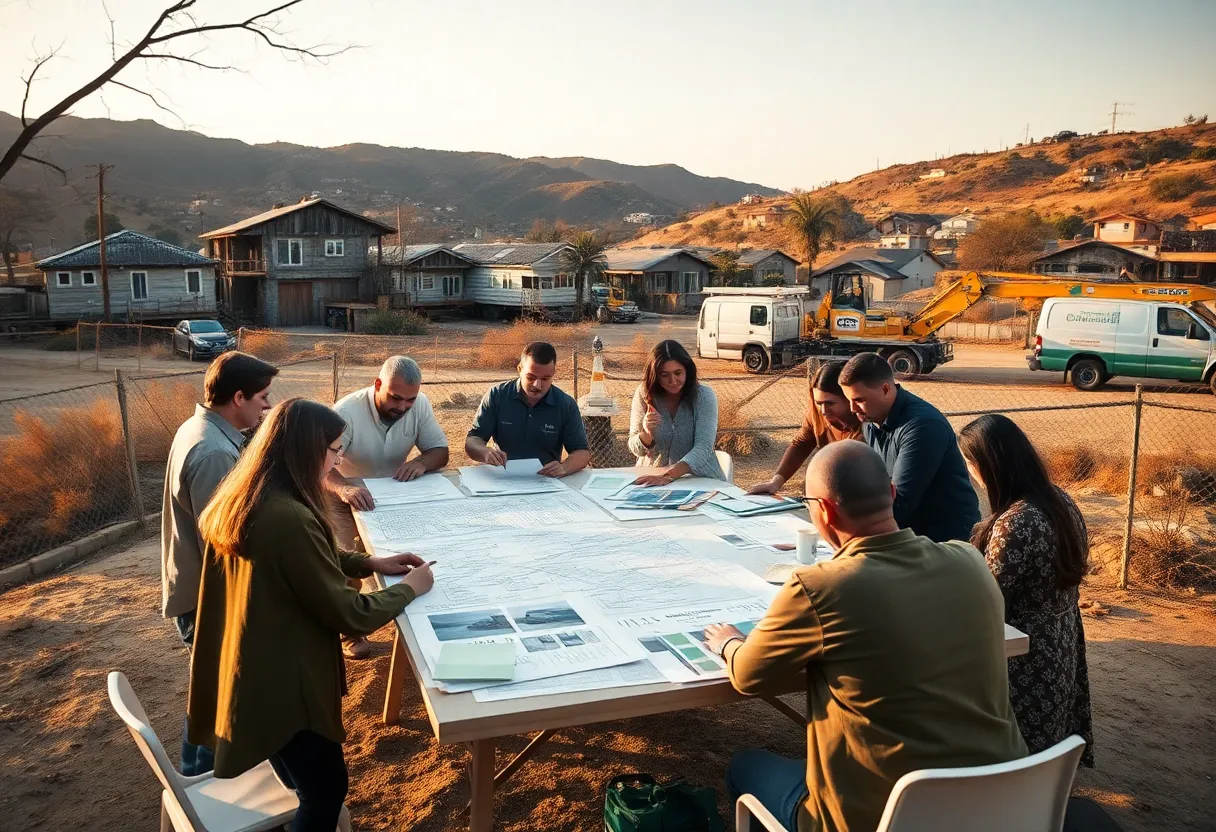 Group of architects and designers reviewing blueprints near a fire-damaged Los Angeles neighborhood with charred hills and construction equipment in the background