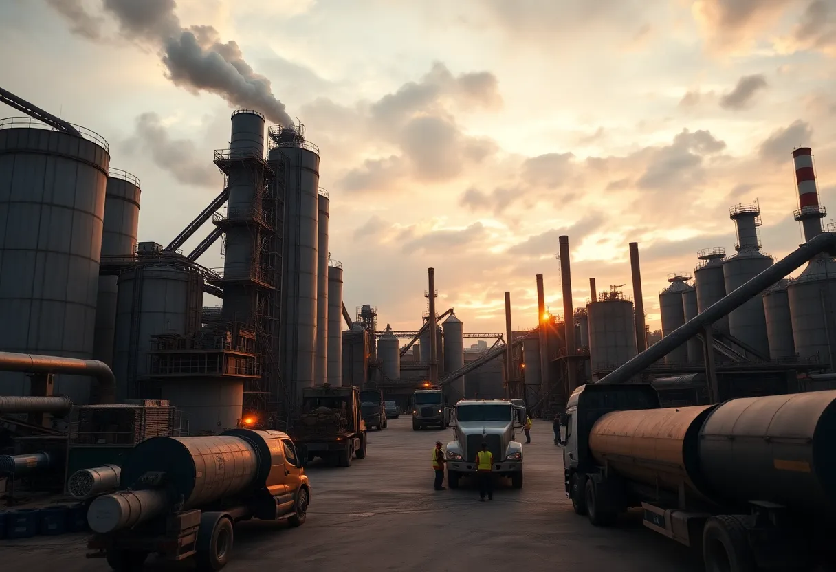 Large cement plant with silos and cranes at dusk