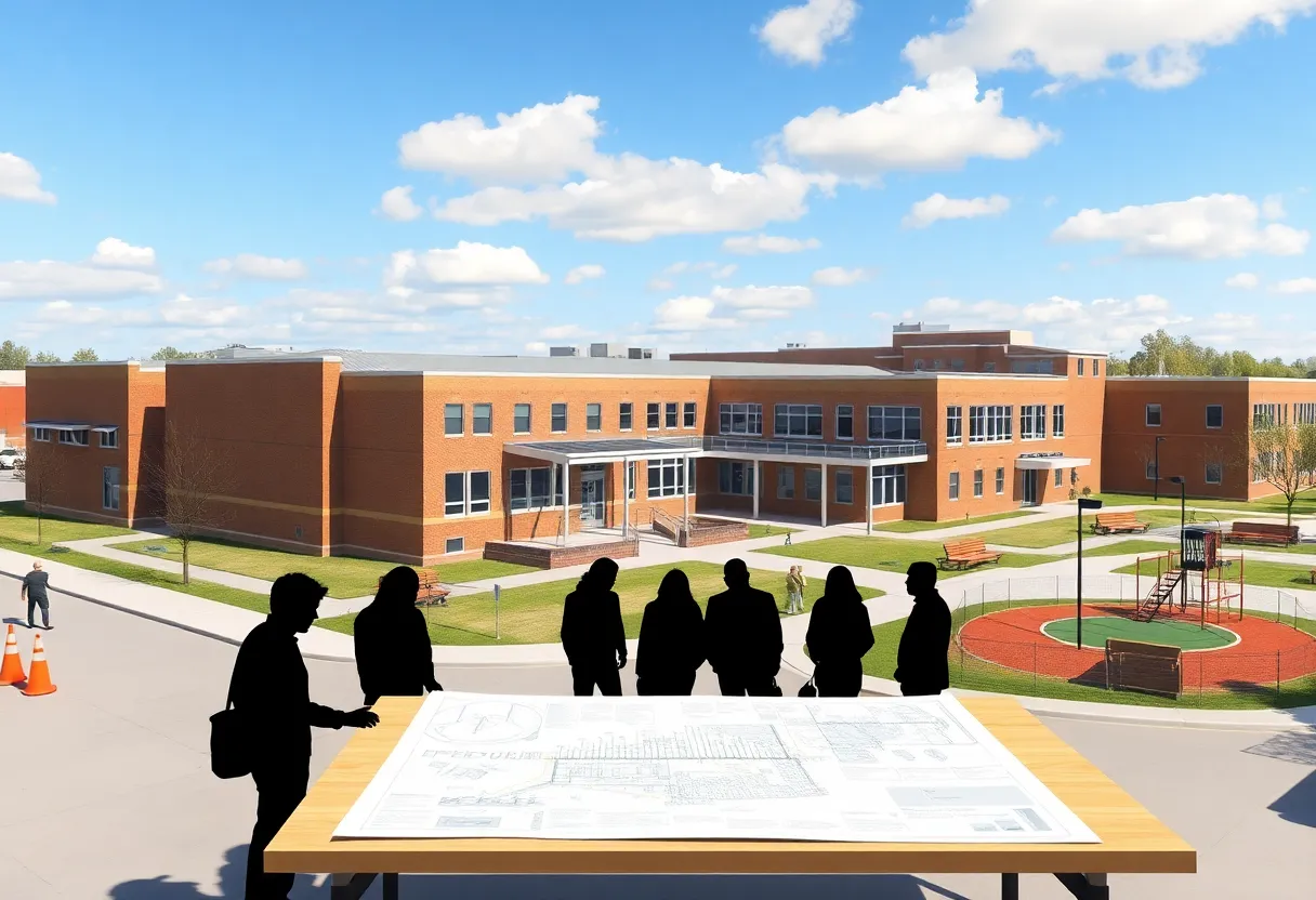 Rendering of proposed elementary wing attached to middle school showing revised courtyard and improved drop-off area