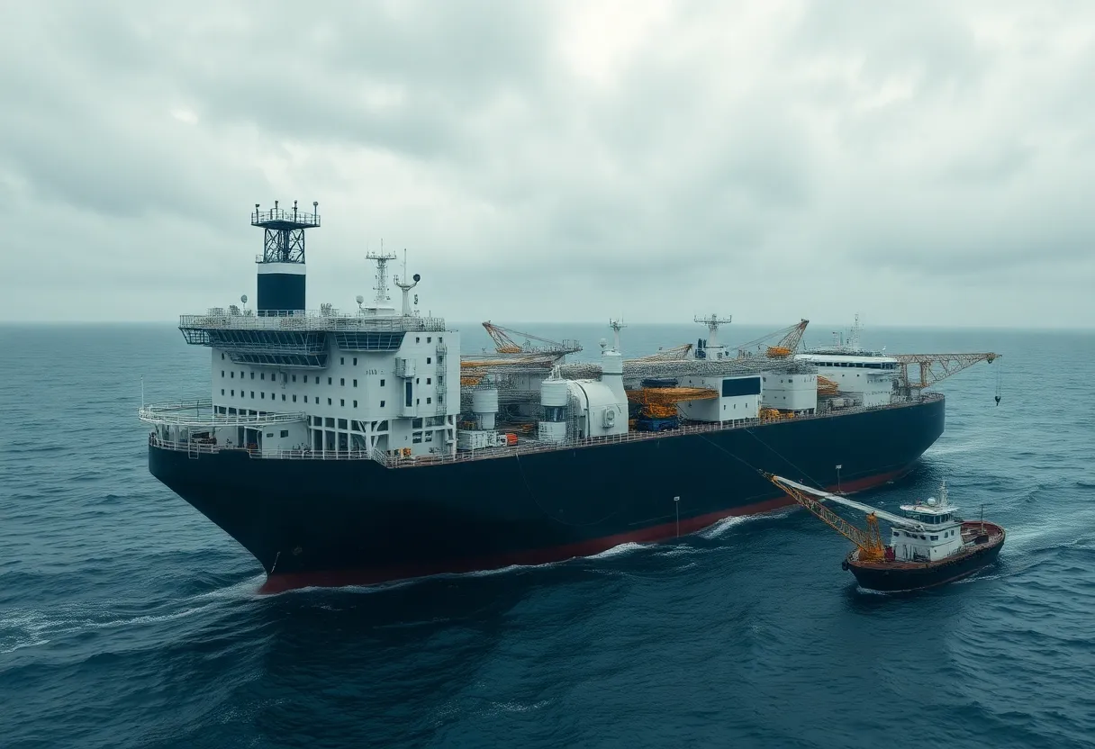 Aerial view of the Peregrino FPSO moored offshore with support vessels and a floating crane lifting modular equipment