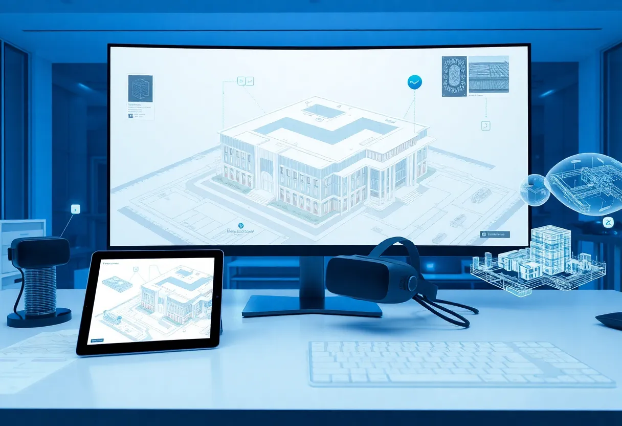 Federated 3D building model with linked 2D drawings displayed across desktop, tablet and smartphone