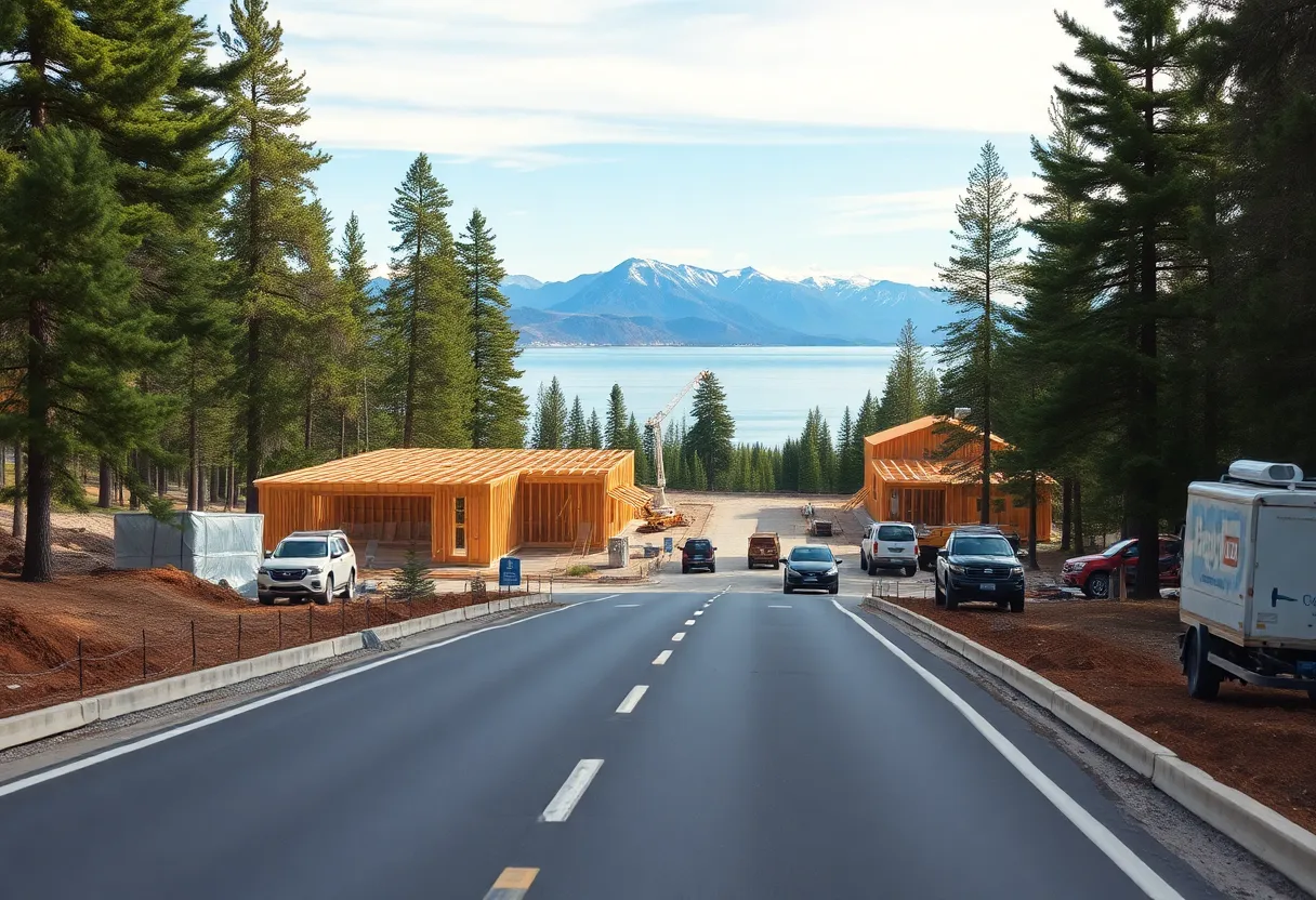 Construction site for 14 townhomes on Lake Tahoe Boulevard with mountains and lake visible in the background