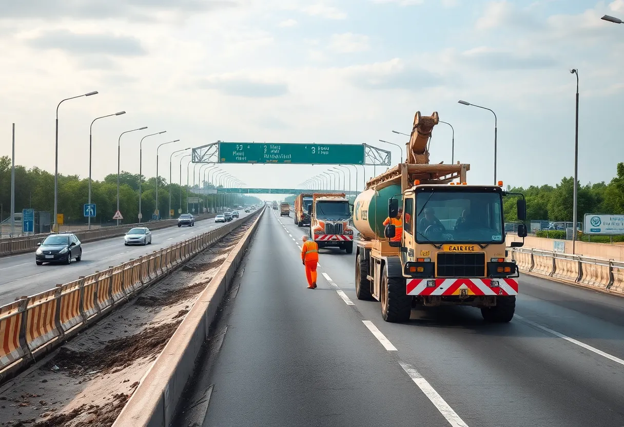 Construction workers on a highway project for surface transportation